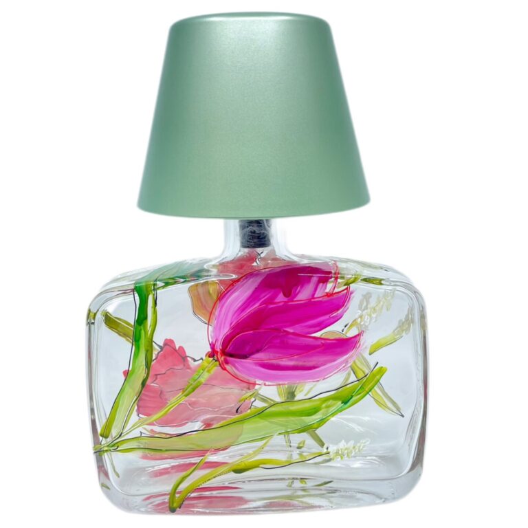 Tafellampje transparant met tulpen.