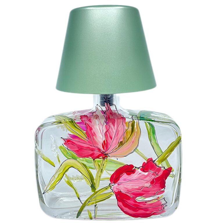 Tafellampje transparant met tulpen.